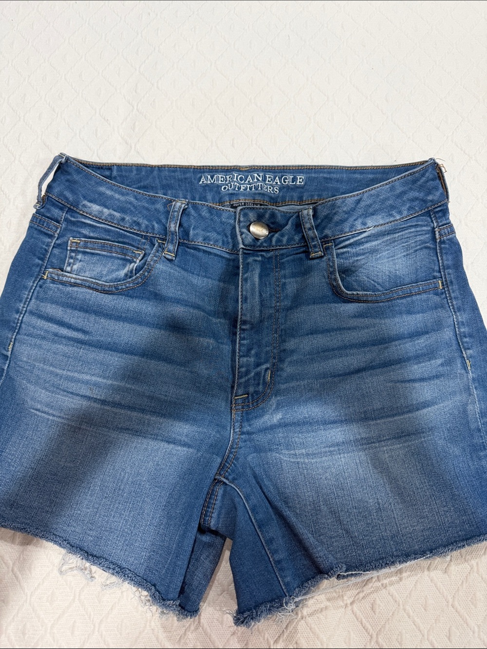 American Eagle Outfitters Stretch Blue Denim Frayed Hem Shorts - 12